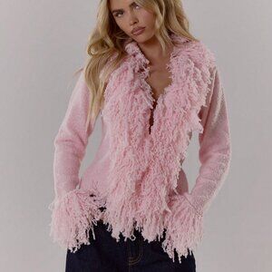 Pink Knit Shaggy Trim Fitted Women's knit sweater Cardigan